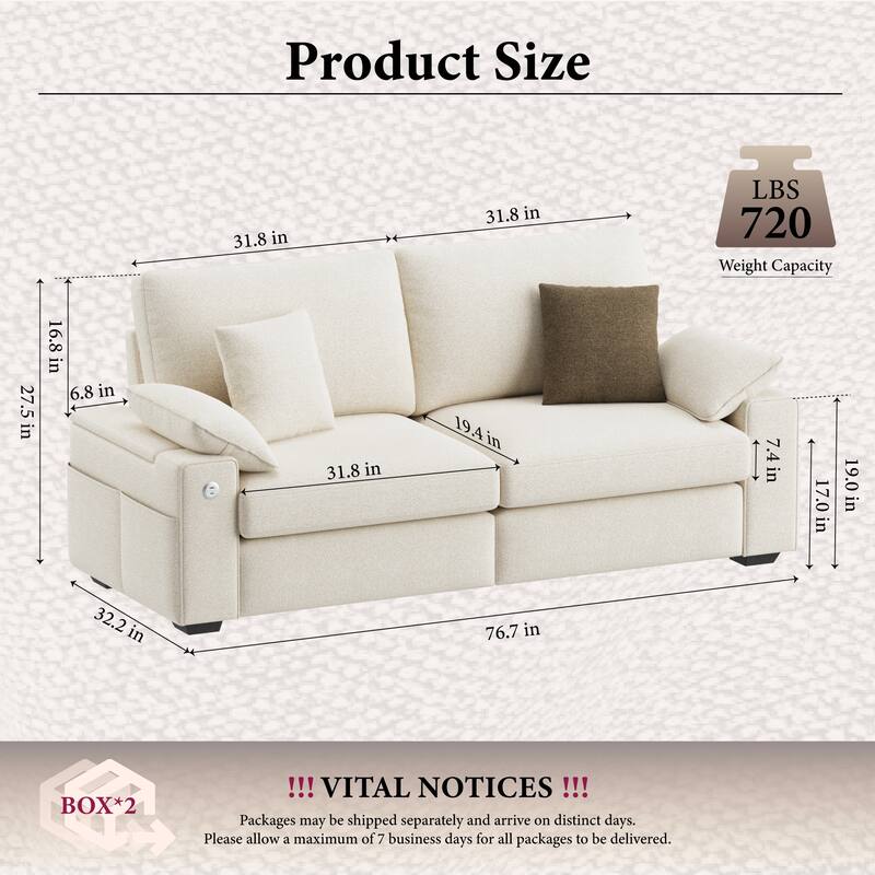 Oversized Modern Loveseat Upgraded Extra Wide 2 Seater Couch USB/Type-C Charging