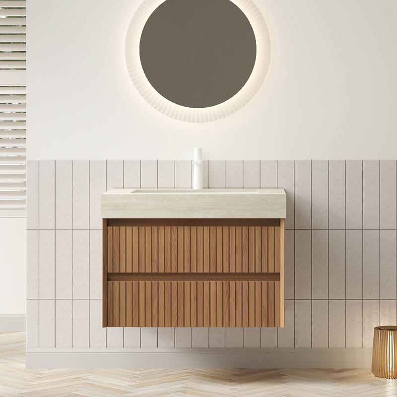 GDFStudio - Tilley Modern Floating Bathroom Vanity with Striped Wood Drawer Fronts & Ceramic Undermount Basin - 30" - Beige