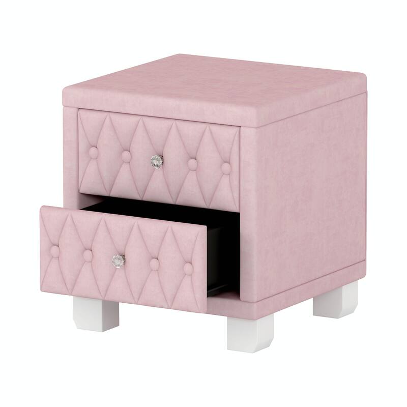 Velvet Nightstand with 2 Drawers and Crystal Handles