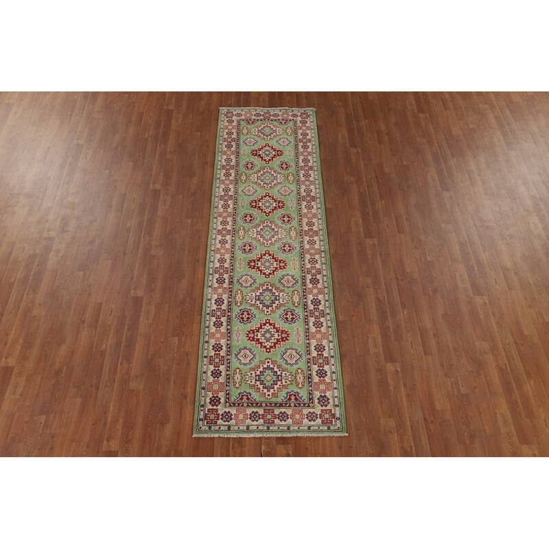 Light Green Kazak Oriental Runner Rug Hand-Knotted Wool Carpet - 2'9" x 9'7"