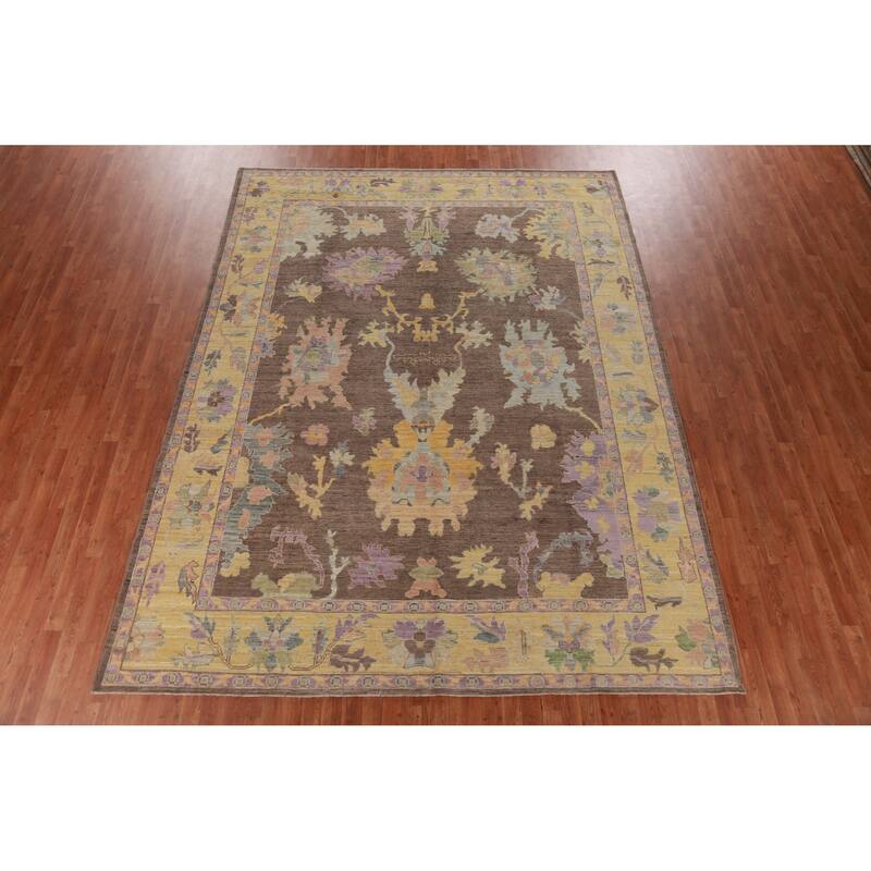 Hand Knotted Oriental 100% Wool Carpet Transitional All-Over Brown Oushak Area Rug - 11' 11'' X 9' 1''