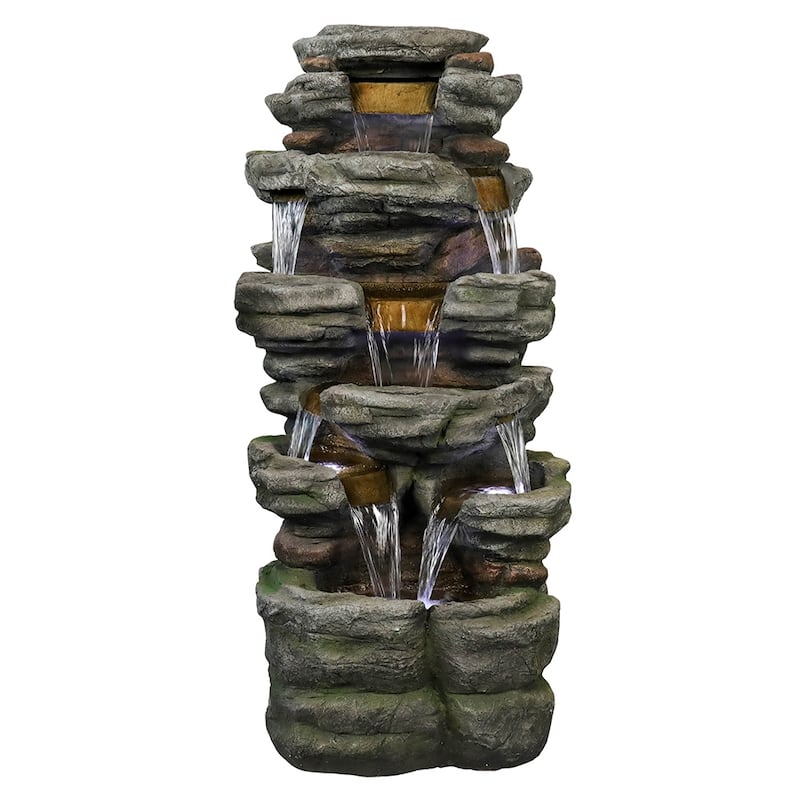 6-Tier Rock Water Fountain w/LED Lights - Waterfall Fountain for Patio