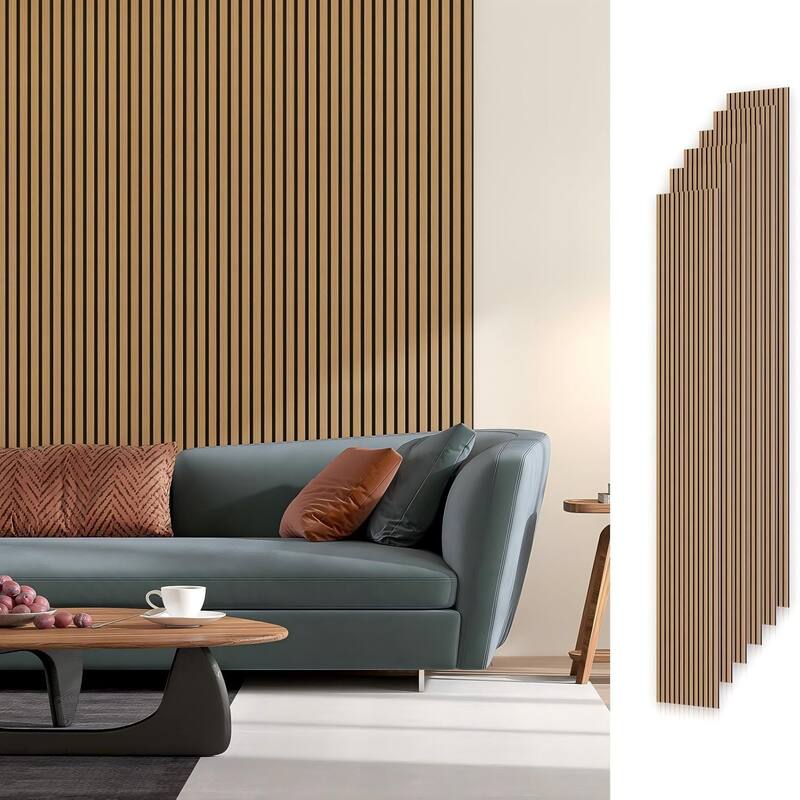 Soundproof Wood Slat Panels Acoustic Wall and Ceiling Panels - 6pcs x 94" x 7.9" - American Oak
