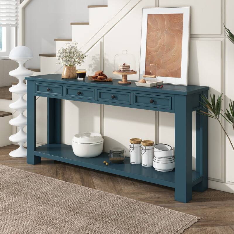 Rustic Wood Console Table Entry Hallway Table, 63" Rectangular Sofa Side Table with 4 Storage Drawers and Bottom Shelf