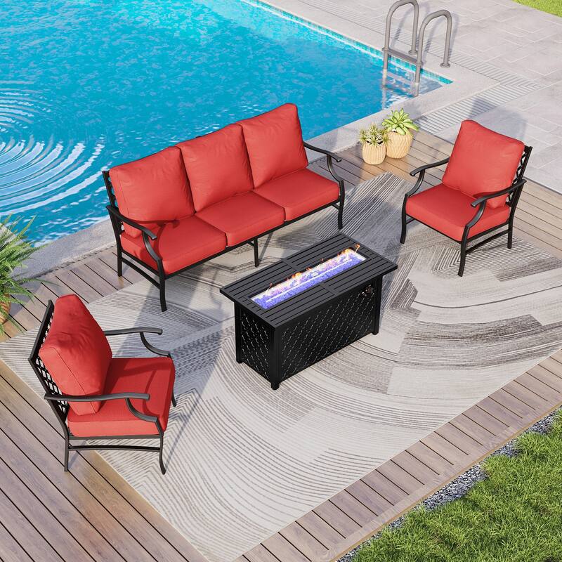 MAISON ARTS Outdoor Sofa Set 4/6-Piece Patio Conversation Set with 45'' Gas Fire Pit Table - Set 1 - Red