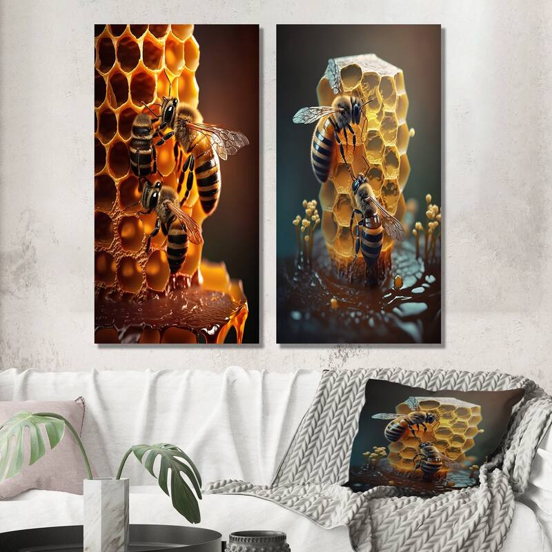 Designart "Honey Bees In Nest" Bee Wall Art Set Of 2 Yellow Modern Gallery Set For Office Decor
