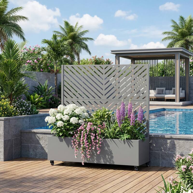 Raised Garden Bed Planter with Trellis Movable Planter Box with Lockable Wheels - 47*47 - Grey