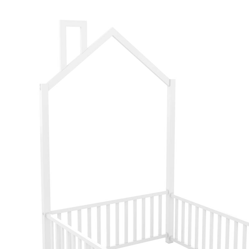 Twin Size Metal House Platform Bed with Guardrail and Chimney, White