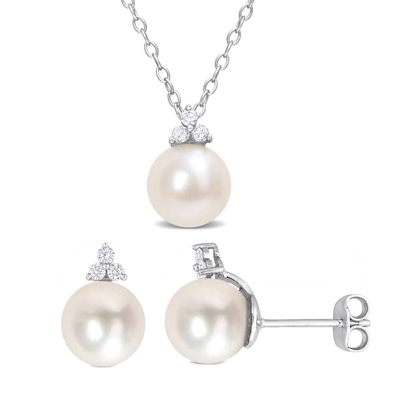 Miadora 1/5 Ct Diamond Tw 8 - 8.5 Mm White Freshwater Cultured Pearl Fashion Earrings & Pendant With Chain Silver I3