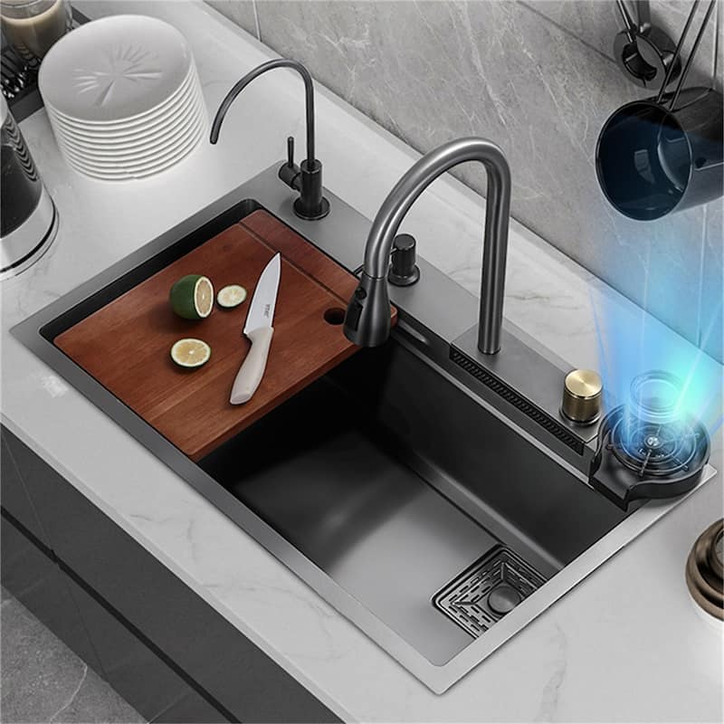 Stainless Steel Drop-in Kitchen Sink Waterfall Faucet and Accessories - Black