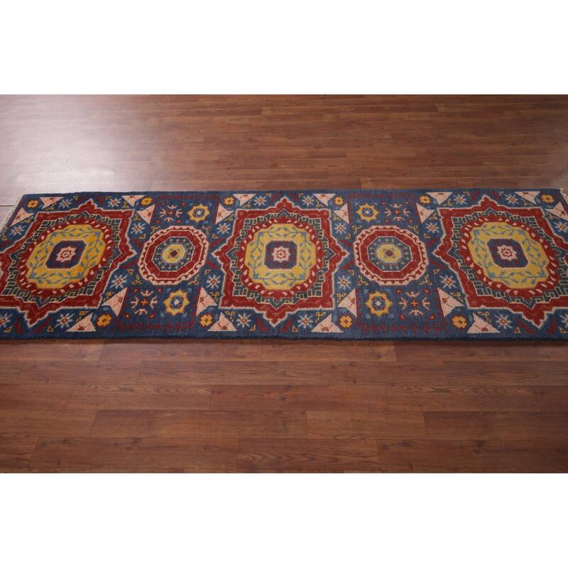Blue Geometric Kazak Oriental Runner Rug Hand-Knotted Wool Carpet - 2'7"x 8'0"