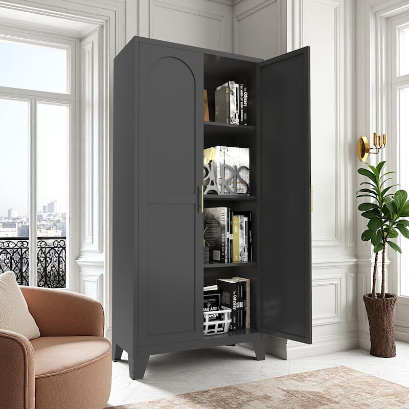 2 Shapely Doors Buffet Sideboard Accent Cabinet, Storage Cabinet with Doors and Adjustable Shelves - Black