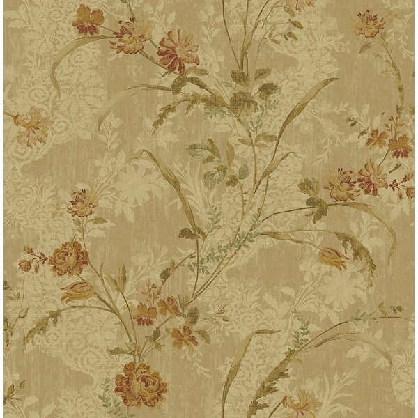 slide 2 of 4, Seabrook Designs Lena Floral Trail Unpasted Wallpaper 20.5 in. W x 33 ft. L - Metallic Caramel & Maroon