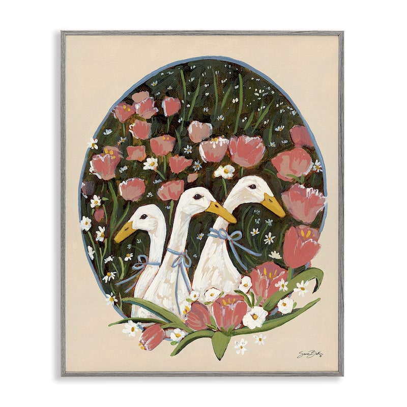 Stupell Ducks with Cottage Blooms Framed Giclee Art Design By Sara Baker - 24 x 30 - Grey