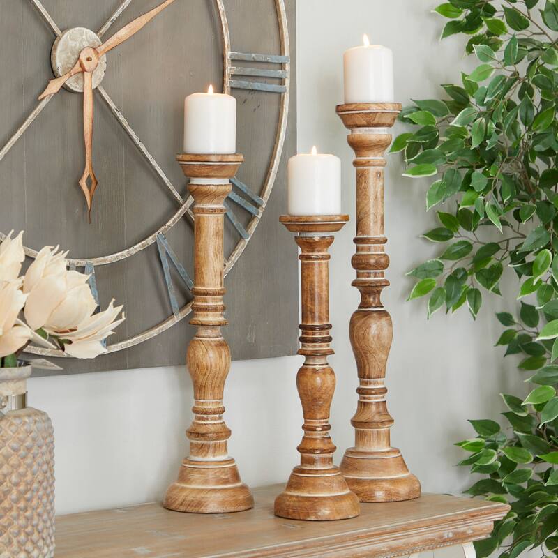 Brown Mango Wood Handmade Candle Holder with Turned Style (Set of 3) - Brown