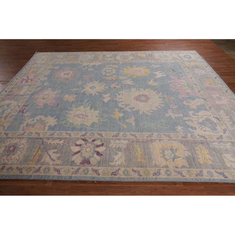 Blue Floral Oushak Turkish Area Rug Hand-Knotted Wool Carpet - 8'3"x 10'1"