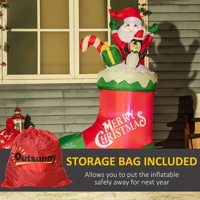 Outsunny 5ft Christmas Inflatable Santa and Penguin Standing in Sock with Candy Cane Gift Box
