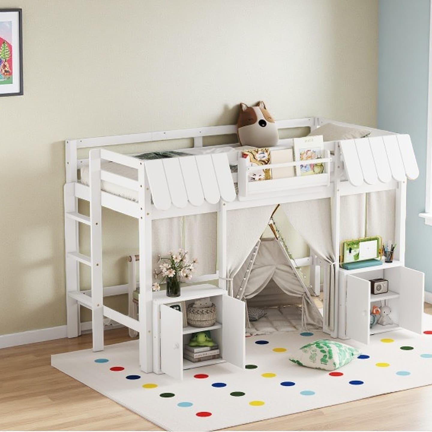 Twin Loft Bed with Cottage-Style Roof, Safety Rails, Built-in Bookshelf, Curtain, and Play Storage