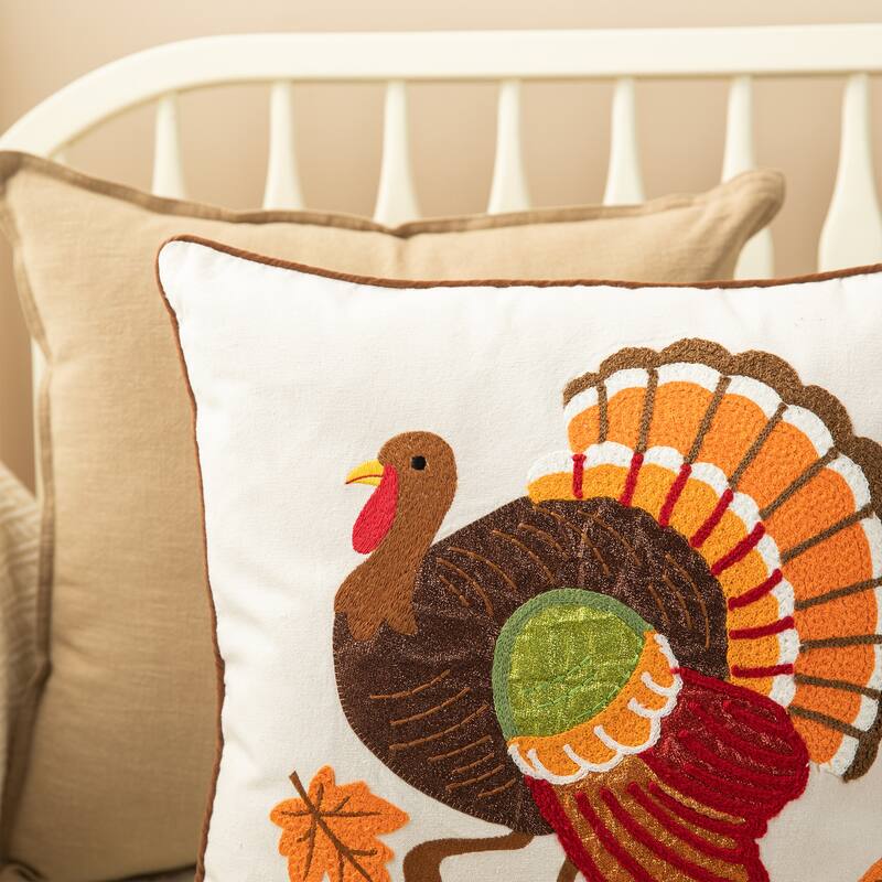 Glitzhome Farmhouse Thanksgiving Harvest Turkey Embroidered Pillow or Pillow Cover