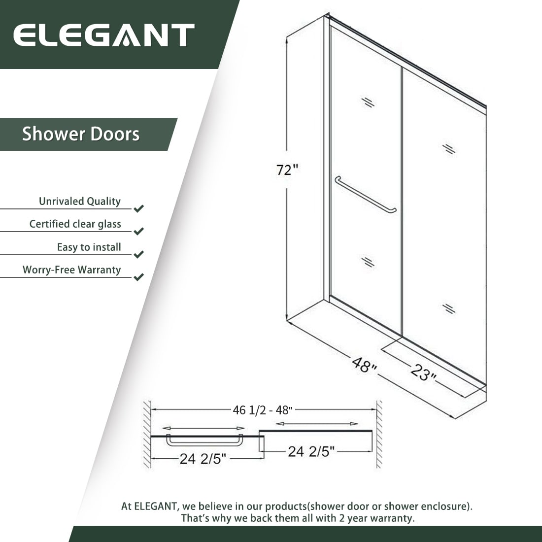 ELEGANT 48x72 Sliding Shower Door – Polished Chrome, 1/4" Clear Tempered Glass