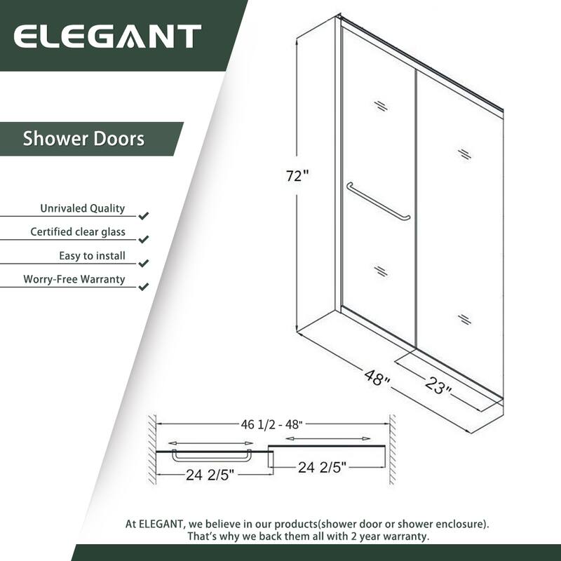 ELEGANT 48x72 Sliding Shower Door – Polished Chrome, 1/4" Clear Tempered Glass