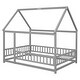 preview thumbnail 3 of 71, Floor Wooden Bed with House Roof and Fence Guardrails for Kids' Bedroom
