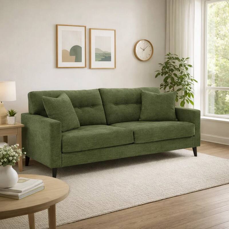 Bixy Sofa, 2 Accent Throw Pillows, 79 Inch Green Tufted Polyester