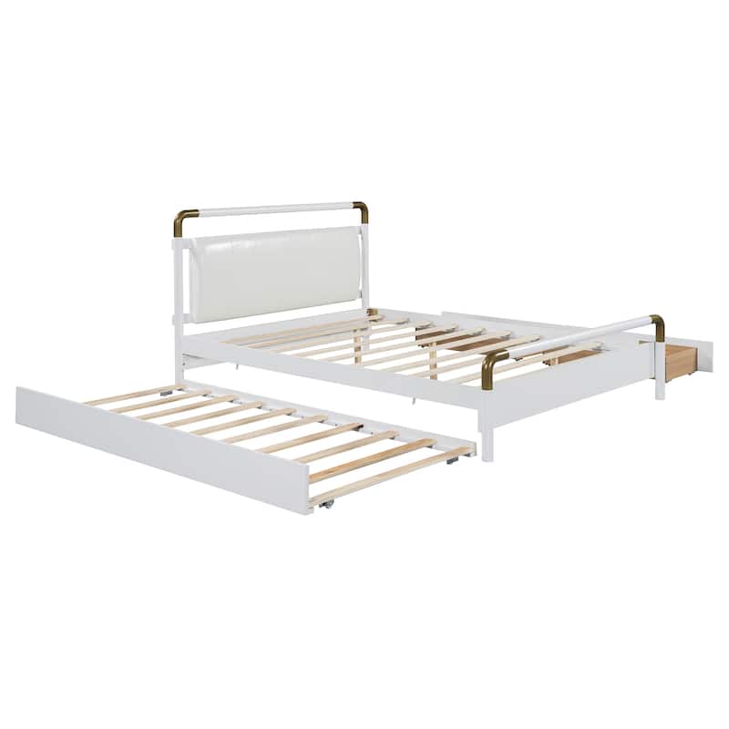 Queen Size Platform Bed with PU Backrest, Trundle Bed & 2 Storage Drawers
