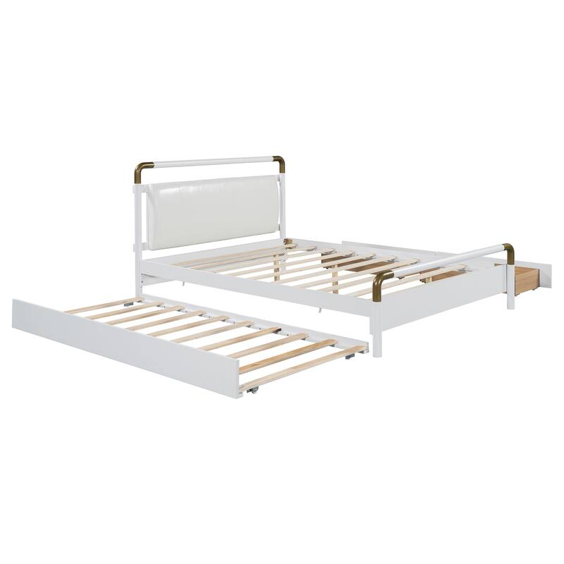 Queen Size White Wooden Storage Platform Bed with Trundle and Drawers