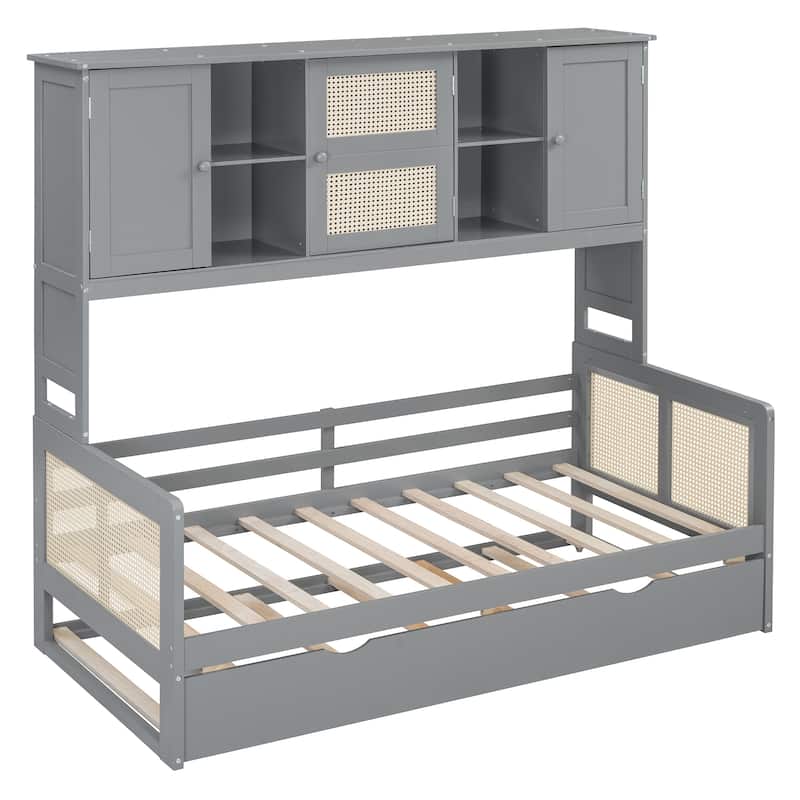 Twin Size Wooden Daybed With Twin Size Trundle, and All-in-One Cabinet and Shelf