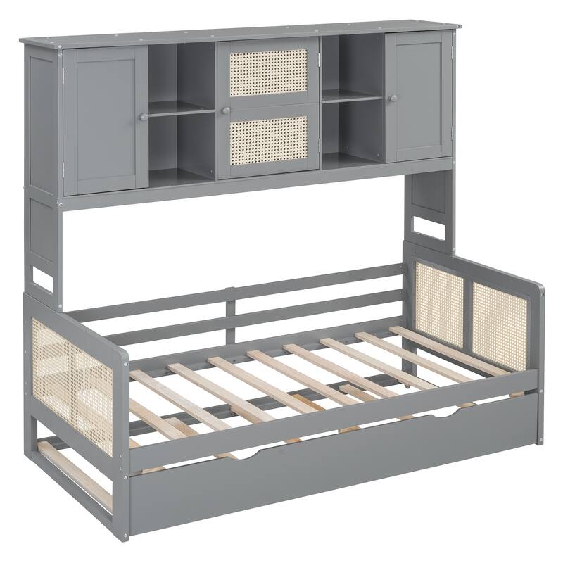 Twin Size Wooden Daybed with Twin Size Trundle, All-in-One Cabinet and Shelf, Modern Sofa Bed Frame w/ Wood Slat Support