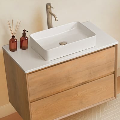 36"48"60"72"84" Floating Bathroom Vanity Quartz Counter Top with Round Ceramic Vessel Sink