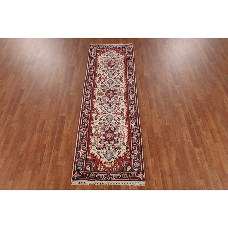 Ivory Geometric Heriz Serapi Runner Rug Hand-Knotted Wool Carpet - 2'6"x 7'10"