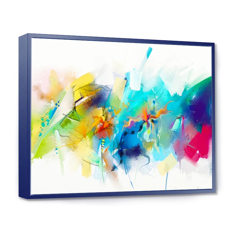 Designart "Turquoise Story With Touches Of Yellow And Red" Modern Framed Canvas Wall Art Print - 44 in. wide x 34 in. high - Blue