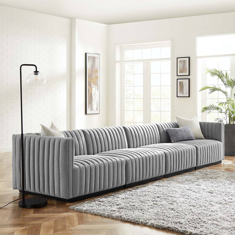 Conjure Channel Tufted Upholstered Fabric 4-Piece Sofa - Black Light Gray