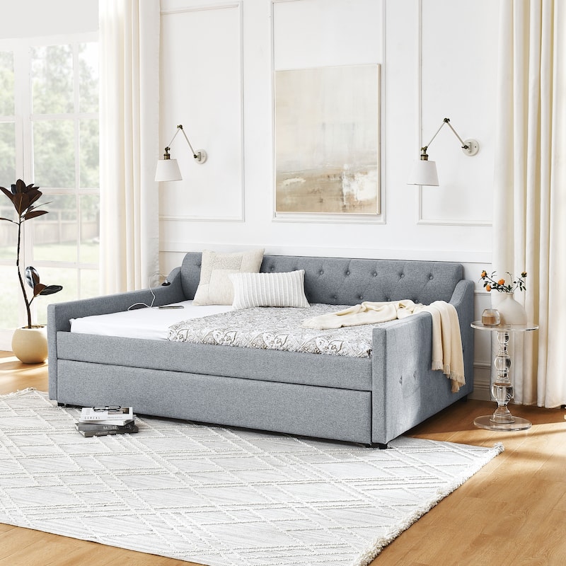 Upholstery Daybed with Twin Size Erectable Trundle and USB Charging Design