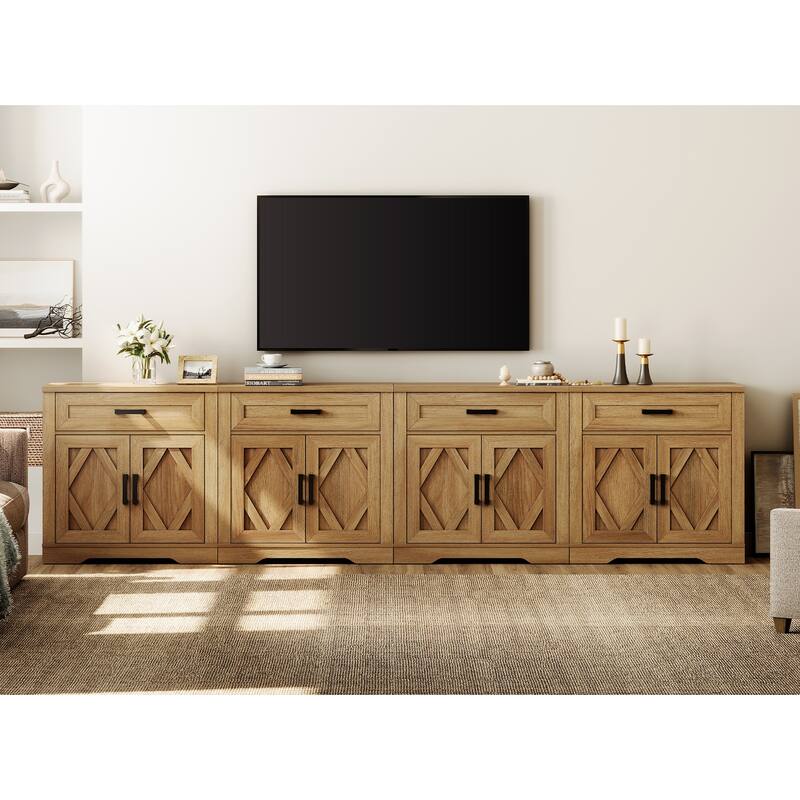 Farmhouse Entertainment Center with Storage Barn Door Cabinet for 50"-130" TVs - 126 inches in width - Walnut