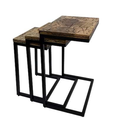 Electra 3 Piece Square Nesting Table Set - Black Iron Frame and Electrified Wooden Top Accent Table