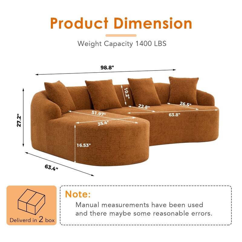 98.8" Boneless L-Shaped Sectional Sofa with Curved Chaise, Modular Chenille Compression Couch with 30D Foam for Living Room