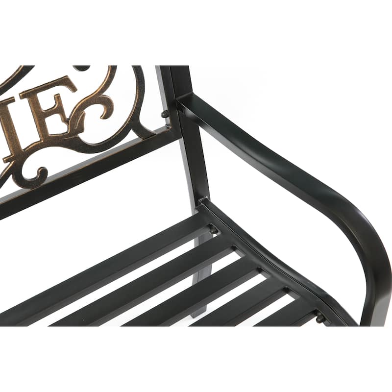 Steel Outdoor Patio Garden Park Seating Bench with Cast Iron "Welcome" Backrest, Front Porch Yard Bench Lawn Decor