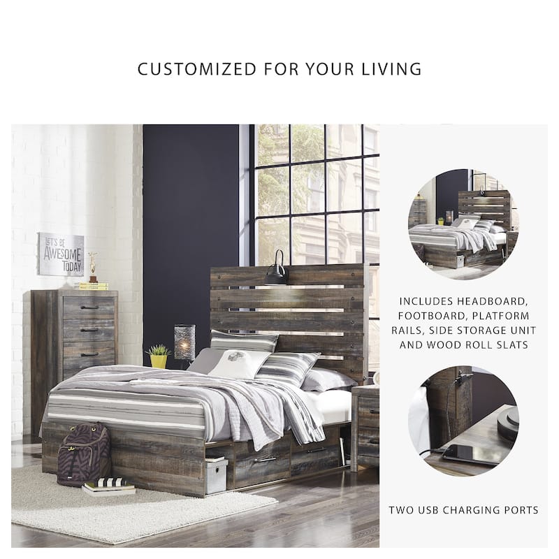 Drystan Rustic Brown Panel Bed with 2 Under Bed Storage Drawers