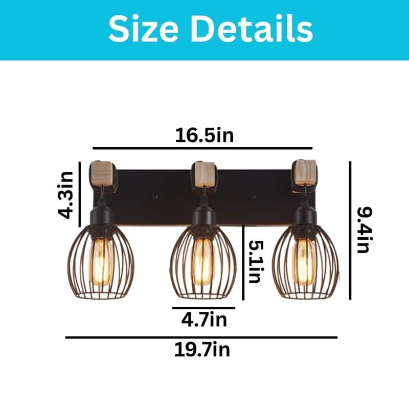 3 Light bulb light black wall sconce metal, wood wall light