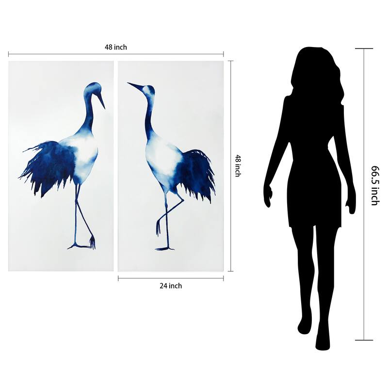 "Ink Drop Crane" Glass Wall Art Printed on Frameless Free Floating Tempered Glass Panel - Blue