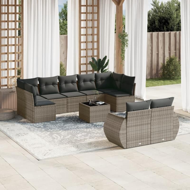 vidaXL Patio Sofa Set with Cushions Outdoor Conversation Furniture Poly Rattan - Gray with table - 21.7 x 21.7 x 14.6