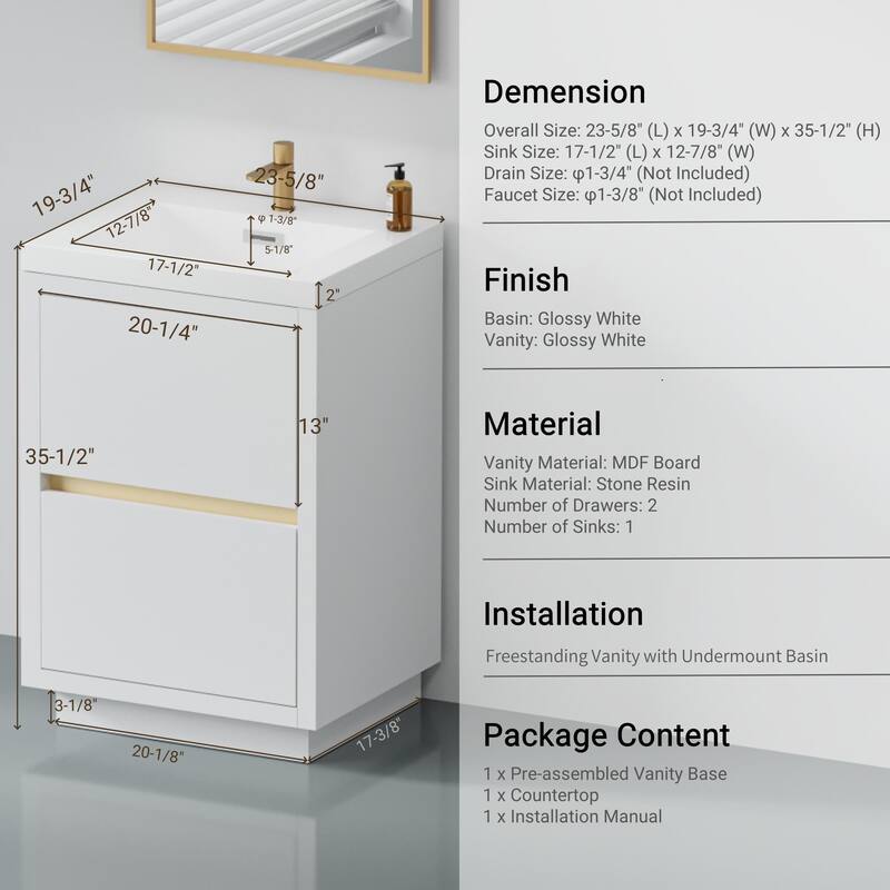 24'' Freestanding Bathroom Vanity with White Stone Resin Top - 23.62'' x 19.69'' x 35.43''
