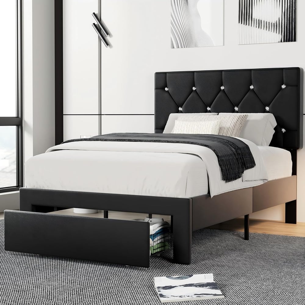 VECELO Upholstered Beds With Diamond Tufted Headboard Platform Bed Frame 7.9'' Under Bed Space