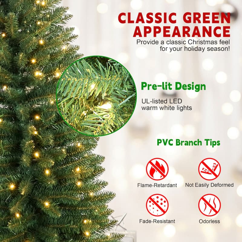 6FT Green Pencil Christmas Tree with 150 Warm White LED Lights-Slim PVC Tree with 358 Tips,Compact Design