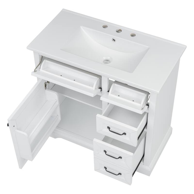 Bathroom Vanity with Ceramic Sink, Bathroom Storage Cabinet with 2 Drawers, 2 Tip-Out Drawers & Adjustable Shelf