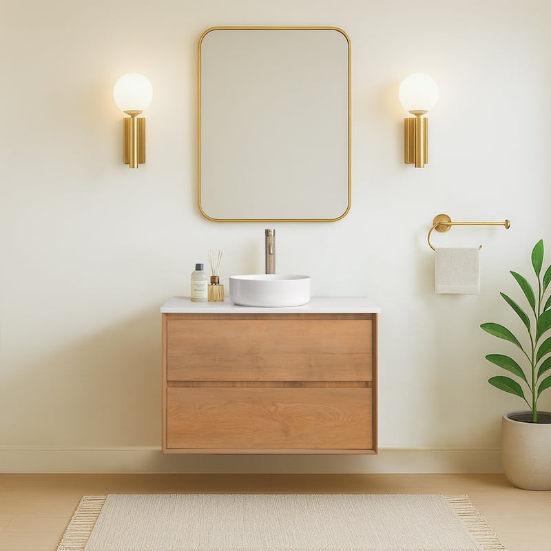 36"48"60"72"84" Floating Bathroom Vanity Quartz Counter Top with Round Ceramic Vessel Sink