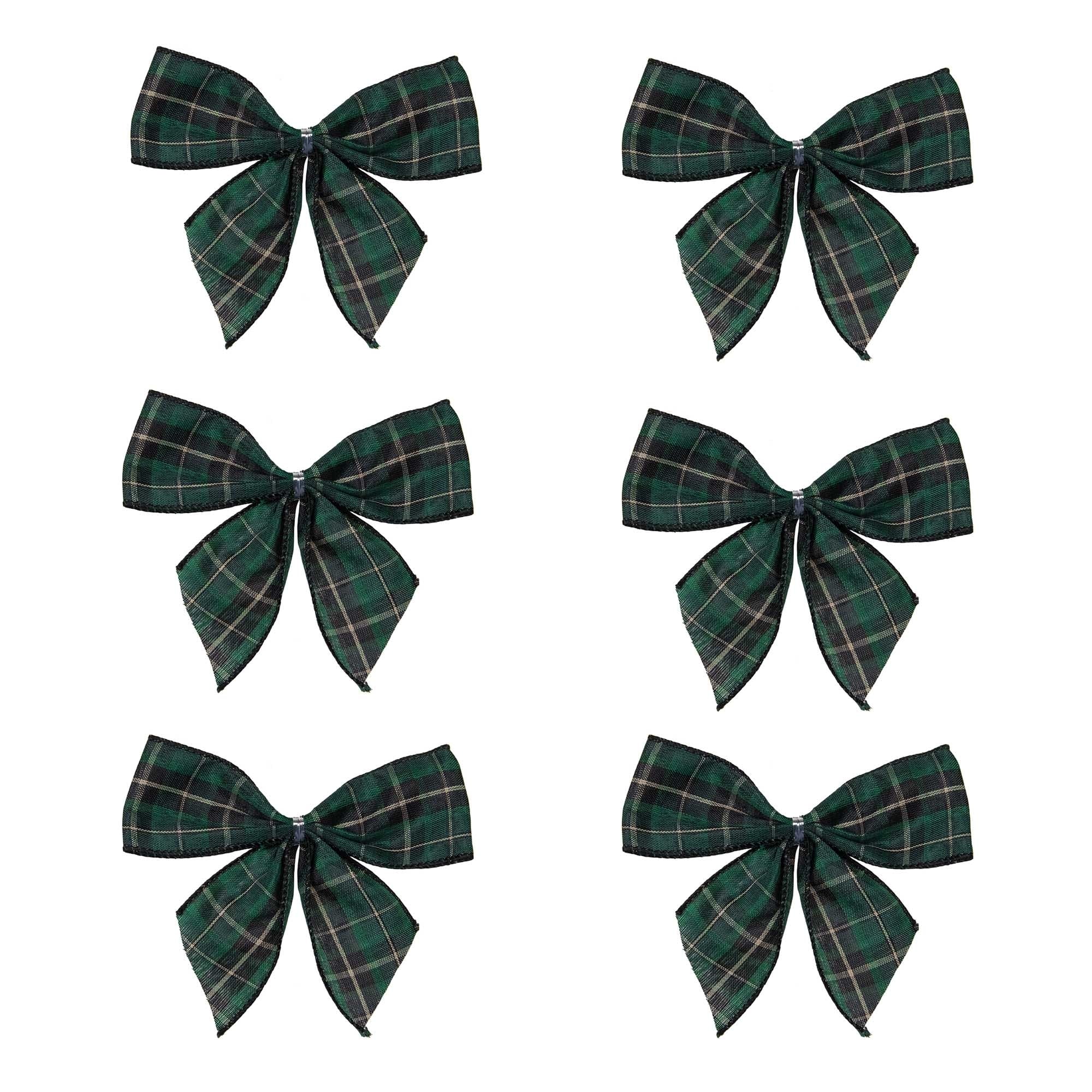 2-Loop Christmas Bow Decorations - 5.5" - Green and Black - Pack of 6